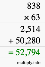 How to calculate 838 times 63 using long multiplication