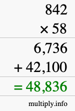 How to calculate 842 times 58 using long multiplication