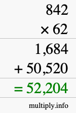 How to calculate 842 times 62 using long multiplication
