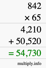 How to calculate 842 times 65 using long multiplication