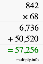 How to calculate 842 times 68 using long multiplication