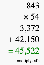 How to calculate 843 times 54 using long multiplication