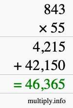 How to calculate 843 times 55 using long multiplication