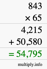 How to calculate 843 times 65 using long multiplication