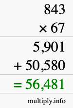 How to calculate 843 times 67 using long multiplication