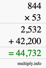 How to calculate 844 times 53 using long multiplication