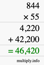 How to calculate 844 times 55 using long multiplication