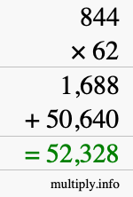 How to calculate 844 times 62 using long multiplication