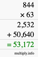 How to calculate 844 times 63 using long multiplication