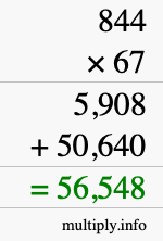 How to calculate 844 times 67 using long multiplication