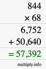 How to calculate 844 times 68 using long multiplication