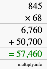 How to calculate 845 times 68 using long multiplication