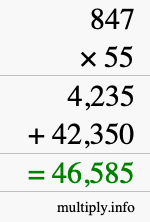 How to calculate 847 times 55 using long multiplication