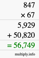 How to calculate 847 times 67 using long multiplication