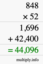 How to calculate 848 times 52 using long multiplication