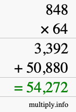 How to calculate 848 times 64 using long multiplication