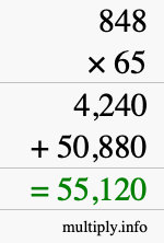 How to calculate 848 times 65 using long multiplication
