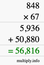 How to calculate 848 times 67 using long multiplication