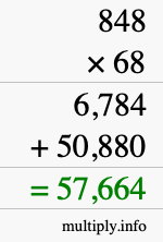 How to calculate 848 times 68 using long multiplication