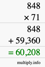 How to calculate 848 times 71 using long multiplication