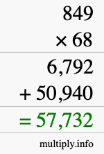 How to calculate 849 times 68 using long multiplication
