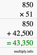 How to calculate 850 times 51 using long multiplication