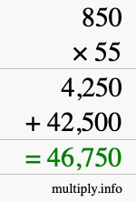 How to calculate 850 times 55 using long multiplication