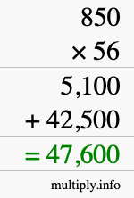 How to calculate 850 times 56 using long multiplication