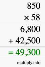 How to calculate 850 times 58 using long multiplication