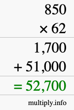 How to calculate 850 times 62 using long multiplication