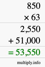 How to calculate 850 times 63 using long multiplication