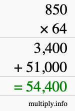 How to calculate 850 times 64 using long multiplication