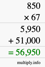 How to calculate 850 times 67 using long multiplication