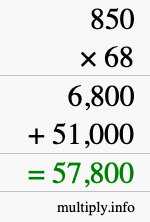 How to calculate 850 times 68 using long multiplication