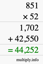 How to calculate 851 times 52 using long multiplication