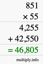 How to calculate 851 times 55 using long multiplication