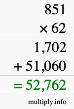 How to calculate 851 times 62 using long multiplication