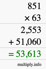 How to calculate 851 times 63 using long multiplication