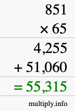How to calculate 851 times 65 using long multiplication