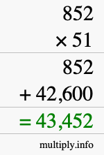 How to calculate 852 times 51 using long multiplication