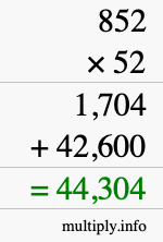 How to calculate 852 times 52 using long multiplication