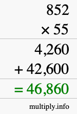 How to calculate 852 times 55 using long multiplication
