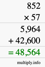 How to calculate 852 times 57 using long multiplication