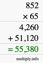 How to calculate 852 times 65 using long multiplication