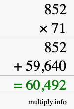 How to calculate 852 times 71 using long multiplication