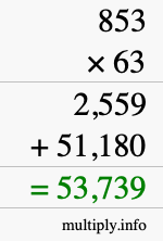 How to calculate 853 times 63 using long multiplication