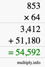 How to calculate 853 times 64 using long multiplication