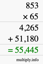 How to calculate 853 times 65 using long multiplication