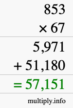 How to calculate 853 times 67 using long multiplication