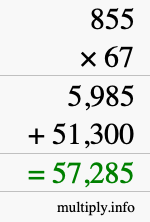 How to calculate 855 times 67 using long multiplication